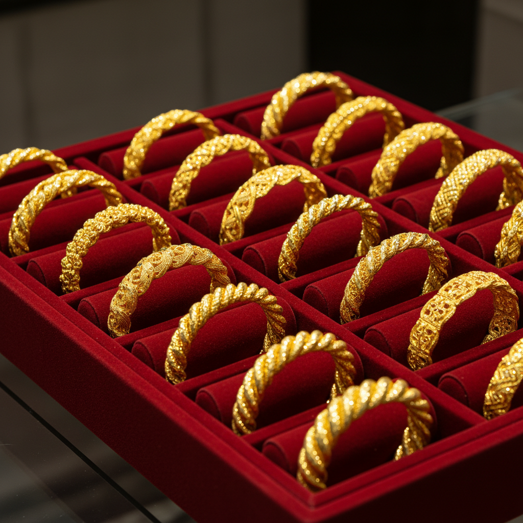 A close, photographic shot of a traditional red velvet gold display tray filled with carefully arranged Trabzon-style burma twisted gold bangles and filigree necklaces, each piece separated by narrow velvet ridges. The deep red fabric contrasts dramatically with the warm yellow tones of the gold, enhancing the perceived richness. Overhead boutique lighting creates precise highlights along the curves and twists, revealing fine craftsmanship and texture while casting soft, symmetrical shadows within the tray. The background is purposefully blurred and dark, keeping focus on the jewelry. Framed using the rule of thirds, the composition feels luxurious yet orderly, evoking the atmosphere of a professional Trabzon jewelry store specializing in current gold prices.